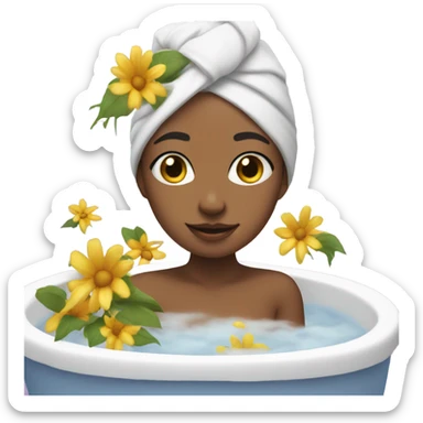 girl with towel on head takes bath with flowers sticker