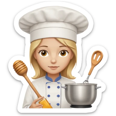 cocinera castaña clara tirando a rubia, blanca, ojos color miel con gorrito de cocina y batidora  sticker