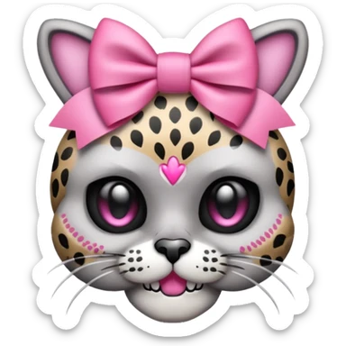 Cat with pink cheetah print bow and a skull in the middle of the bow sticker