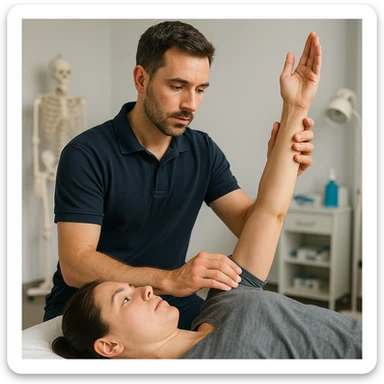 realistic kinesiologist performing kinesiological evaluation on a patient in a clinical environment, professional details, inspired by reference photo https://attic.sh/r66tucayi7ewfjges2vhulor9bux sticker