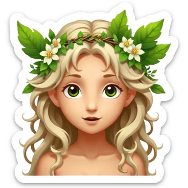Cinematic Realistic Forest Nymph Fairy Portrait, head tilted playfully and inquisitively, showcasing a nature-inspired form with intricately detailed, sunlit tanned skin and cascading hair interlaced with leaves and blossoms. Her bright, curious eyes sparkle with forest mischief, rendered with lifelike clarity and warm, dappled lighting that captures the spirit of an enchanting woodland fairy ready to dance among the trees. sticker