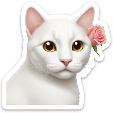 A white cat with rose nose sticker