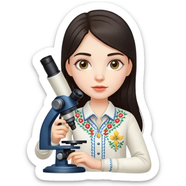 Ukrainian girl with dark hair in traditional embroidered shirt holding a microscope sticker