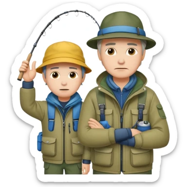 Father and son in fishing gear gesturing that they are cold sticker