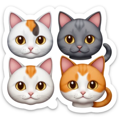 4 different coloured short haired cats including; a dark brown and white cat, and a dark grey and white, and a calico sticker