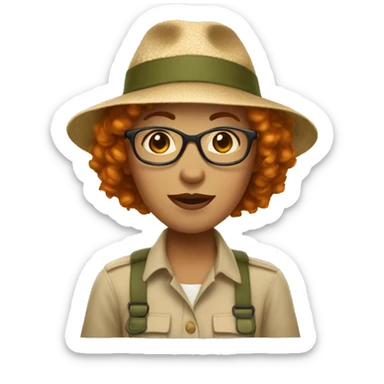 pale woman with very short curly ginger hair and glasses in safari hat sticker