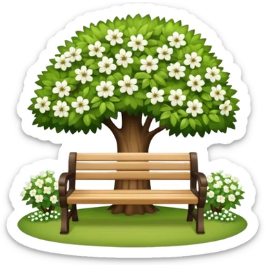 beautiful bench against the background of a tree with blooming white flowers sticker