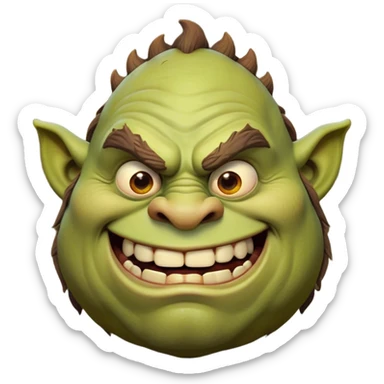 Cinematic Comical Ogre Portrait Emoji, with a strikingly exaggerated, bulky figure in vivid earthy greens and browns, head tilted in a dramatically surprised expression with wide, comically bulging eyes and a goofy, oversized grin, simplified yet hilariously exaggerated, highly detailed with a soft, cartoonish glowing outline capturing the playful absurdity of a meme-worthy ogre! sticker