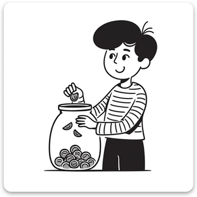 Person happily putting coins in savings jar sticker