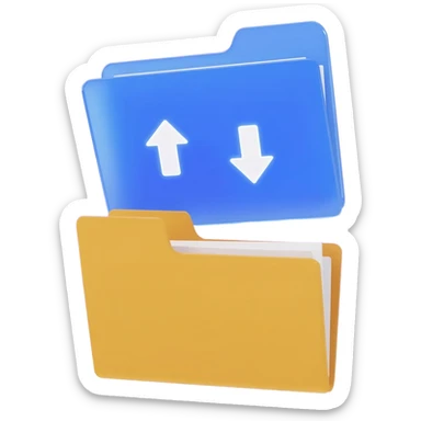 "A blue digital folder placed over a regular file folder, with a soft purple glow effect and an arrow indicating file upload and download with japan word." sticker