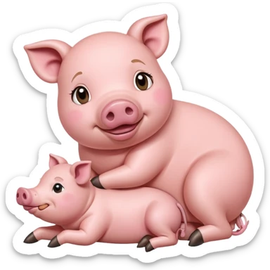 mother pig laying down while piglets nurse from its teats sticker