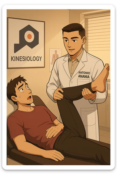 fai un webtoon manga a colori con questo stile, in cui un uomo è steso sul lettino medico e il kinesiologo con il camice bianco (fagli anche la scritta "ANTONIO ANANIA" SUL CAMICE, gli solleva una gamba per fargli il test neuromuscolare, IL KINESIOLOGO SPIEGA ALL'UOMO UNA cosa mentre gli alza la gamba. non fare i fumetti però, fai solo in modo che sembri stiano parlando sticker