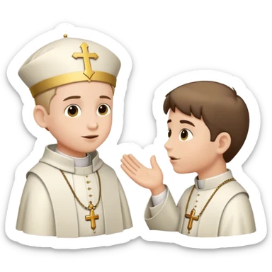 boy talking to a bishop sticker