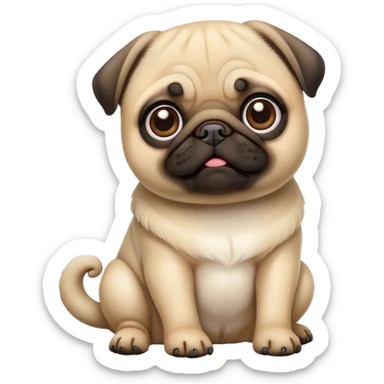 detailed-[cute pug]-realistic-full-body-sitting-emoji,-tail-resting-loosely-beside-its-paws,-head-tilted-dramatically, -sleek-fur,-simplified-yet-realistic-focused-features,-highly-detailed,-glowing-with-an-almost-sarcastic-glow sticker