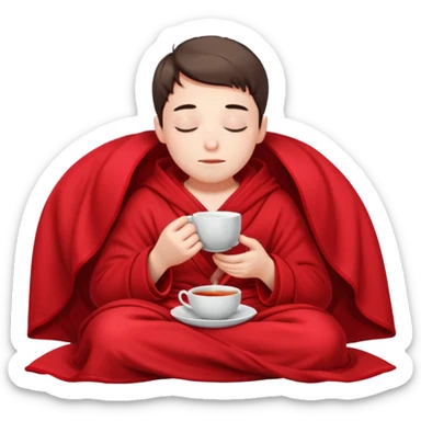 A European boy is sitting comfortably under a blanket, wrapped in a red blanket, drinking tea with his eyes closed. sticker