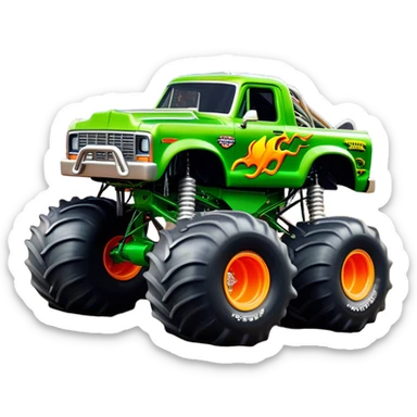 Grave Digger - Monster Jam (Model Year: 2022) (Iconic colour: Green with flames) - A legendary monster truck with a fearsome design: predominantly deep green with dynamic, vibrant flame graphics in bright orange and yellow. Highlight its rough, edgy bodywork and an aura of untamed rebellion. sticker