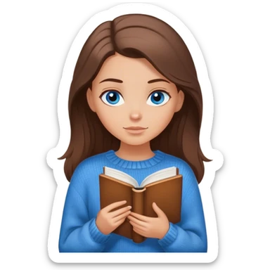 White girl brunette with blue eyes in a cozy brown sweater looking down holding a book sticker