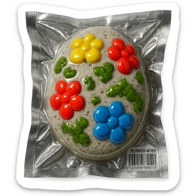 light gray stone with small colorful flowers and green moss, glossy and puffy sticker