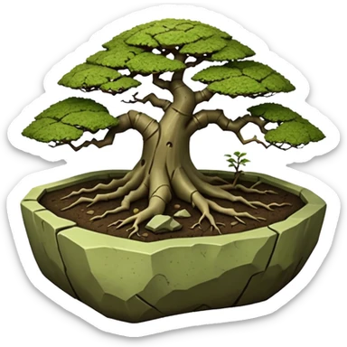 Roots Stoneware akadama soil mossy irregular angular Stone Age rocks cracked and broken forming a very shallow bonsai pot sans(without) tree  sticker