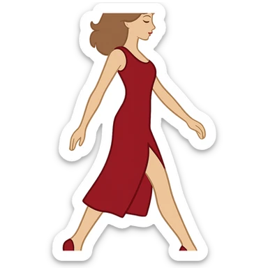 Create an image of the same girl from the first reference (Screenshot_16.png) with the same appearance, hairstyle, red dress, and shoes in the style and color as shown, but with the pose of the arms and legs matching the new sketch (1 (3).png). The background should be transparent. sticker