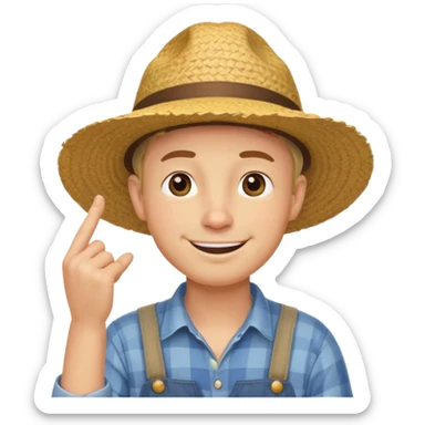 “A single emoji-style character combining 👨‍🌾😄 and 🤔: a smiling farmer with a straw hat, one hand under his chin in a strong thinking gesture, eyes looking upward thoughtfully, expressive face, clean flat emoji design, bold outlines, soft colors, transparent background.” sticker