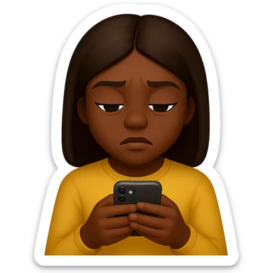 Create an image of a girl addicted to her phone with a deep skin tone in the style of emoji style. The style should reflect the characteristics of emoji style, focusing on the look and feel of emoji illustrations. sticker