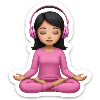 Chica de pelo negro Cabello grande con piel parda con los ojos cerrados escuchando musica en audifonos y con camisa rosa mientras medita sticker