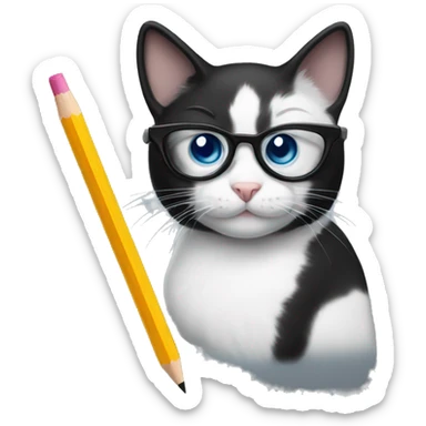 Black and white cat with nerd glasses and a pencil sticker