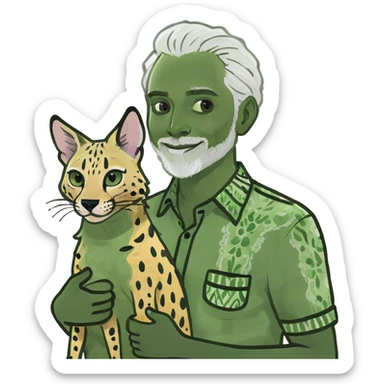 Man with white hair holding one African serval sticker