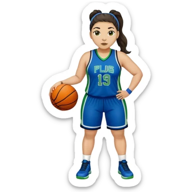 full body plus size light skin  latino women basketball player with wavy dark hair in pony tail wide nose wearing blue uniform with green accent sticker
