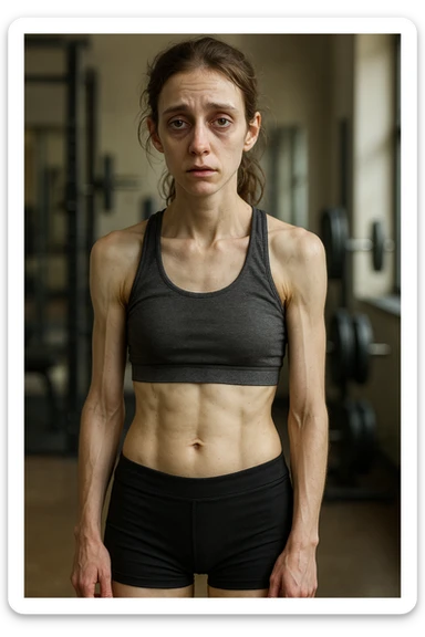 3D realistic vertical illustration of a young athletic woman in sportswear standing in a gym. Her body appears lean but slightly fatigued, with visible muscle loss and a tired expression. Subtle details like dark circles under her eyes, pale skin, and a slouched posture suggest underfueling. The lighting is soft and natural, with gym equipment blurred in the background. sticker