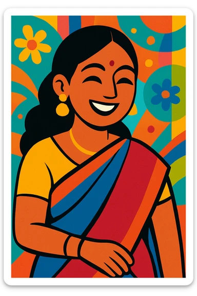 an Indian woman in a saree, smiling, colorful background sticker
