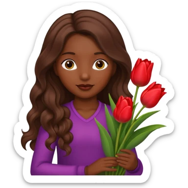 dark girl with light brown long wavy hair holding tulips sticker