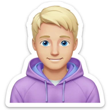 smiling blonde man with blue eyes in a lilac hoodie sticker