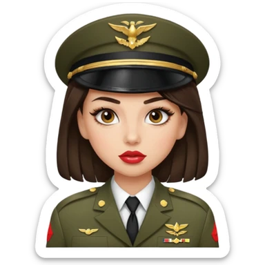 Emoji of a brunette girl in the military with big eyelashes, big lips with gloss, and a sassy face  sticker