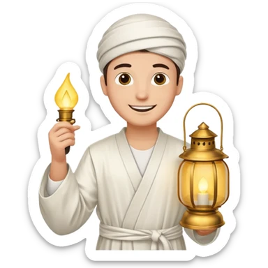 Young man with a happy smile, wearing a traditional white thobe and holding a lantern. sticker