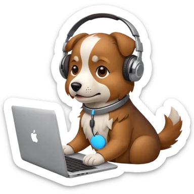 A dog with headphones on  a laptop sticker