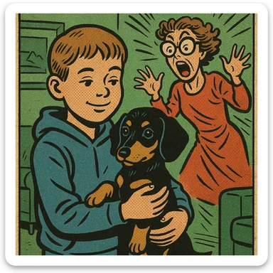 A modern day 10 year old wearing a blue hoodie with a black and tan puppy dachshund in a green living room with a crazy mum wearing big glasses in the background sticker