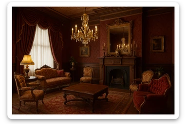 classic Victorian interior with ornate furniture, rich colors, elegant decor sticker
