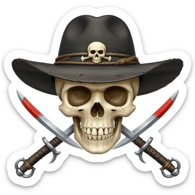 A skull and crossswords wearing a black wide brimmed traveler's hat. sticker