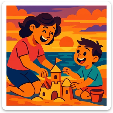 Cartoonish mother and son building a sandcastle together at sunset, playful and joyful sticker
