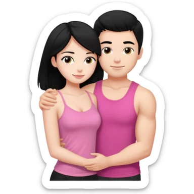 a pretty bratz fair girl. black hair, wearing a pink cami top, she is hugging a handsome fair guy with black hair. lean but muscular. is wearing a black tshirt sticker