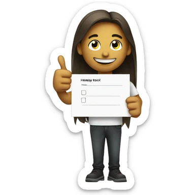 A young person holding a feedback form featuring a happy face emoji and giving a thumbs-up, symbolizing positive feedback sticker