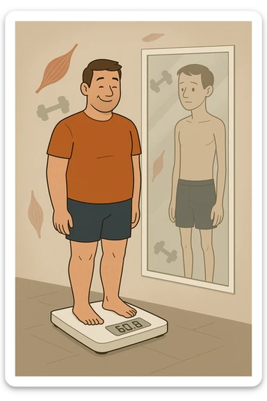 a man stands on a scale, smiling at the lower number, but his reflection in a nearby mirror shows a thinner, but also visibly weaker and less muscular body. Around him, floating icons or faded images of muscle fibers and dumbbells highlight the overlooked loss of muscle mass. The mood is cautionary and educational. in italiano sticker