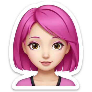 An Asian girl with Fashion pink hair, big eyes, thick eyebrows, and long eyelashes;  sticker