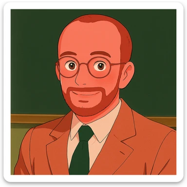 Make the skin much rosier while maintaining the original style of the professor with very short hair, receding hairline, thin beard, and glasses. sticker
