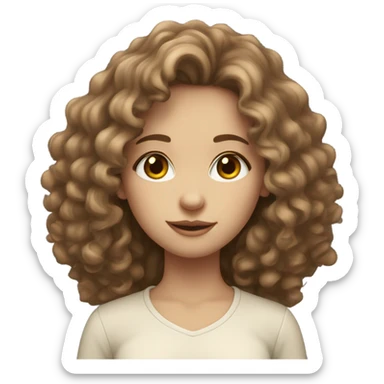 pale girl with long curly brown hair. Brown eyes and a fluffy shirt sticker