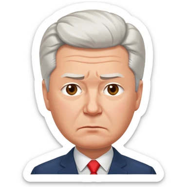 Sad emoji of Sergey Sobyanin, mayor of Moscow, looking upset and disappointed, cartoon style, expressive face, simple emoji design sticker