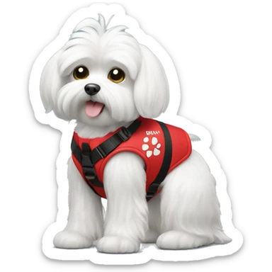 Maltese wearing a red service dog vest with to bleck straps one in the front one around the belly  sticker