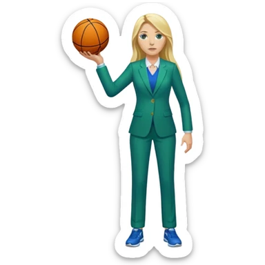 Full Body white female basketball head coach with long blonde hair in a blue and green suit sticker